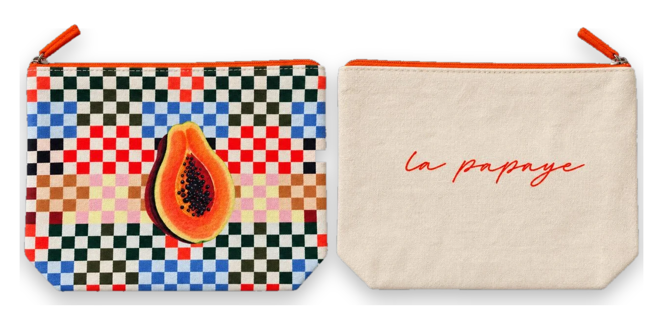 La Papaye pouch — checkerboard print with a papaya, front and back