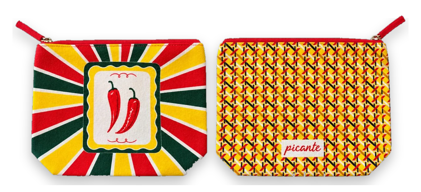 Picante pouch with red, yellow and green sunburst, front and back