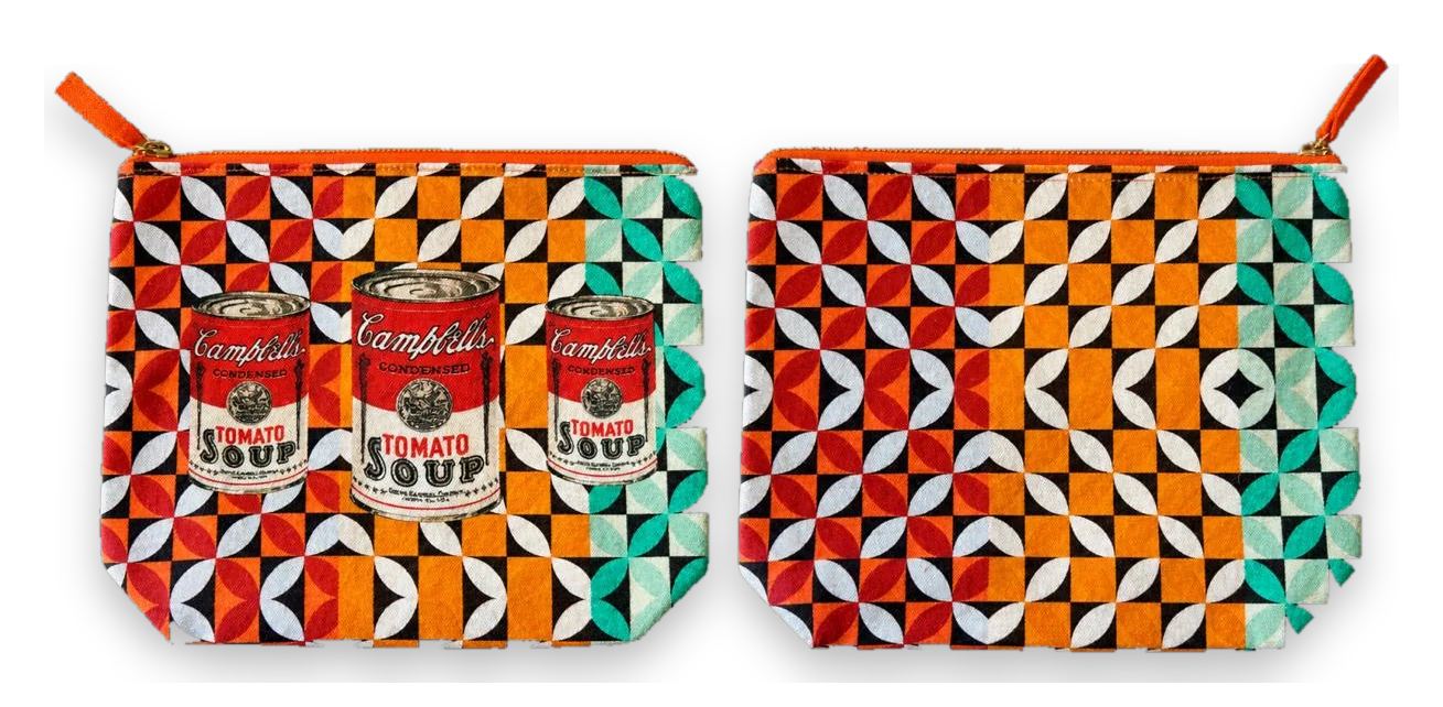 Tomato Soup pouch with orange geometric print, front and back
